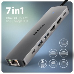 AXAGON USB-C 5Gbps DUAL 4K DISPLAY 7in1 Hub | HMC-7HX2