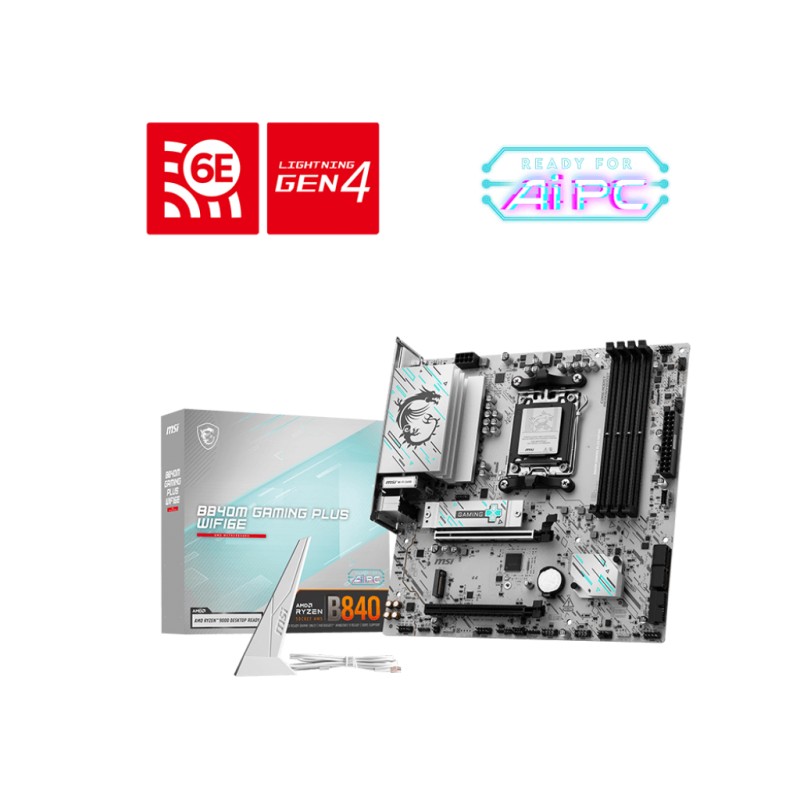 MSI B840M GAMING PLUS WIFI6E | Processor family AMD | Processor socket AM5 | DDR5 | Supported hard disk drive interfaces SATA, M