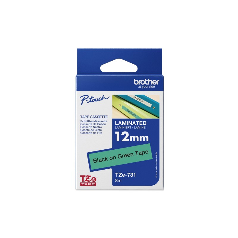 Brother | TZe-731 Laminated Tape | Black on Green | TZe | 8 m | 1.2 cm
