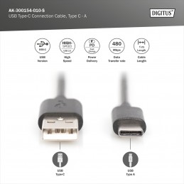 Digitus USB Type-C connection cable, type USB-A - USB-C | AK-300154-010-S