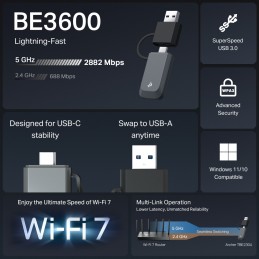 TP-LINK BE3600 Dual Band Wi-Fi 7 Mini Wireless USB Adapter | Archer TBE230U | 2.4 GHz, 5 GHz | 802.11ax | MU-MiMO No | no PoE | 