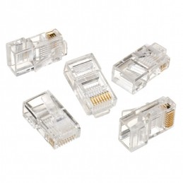 Modular plug 8P8C for solid LAN cable CAT5, UTP, 10 pcs. per bag | Modular 8P8C RJ45 plug, 30u gold plated, 3-fork internal cont