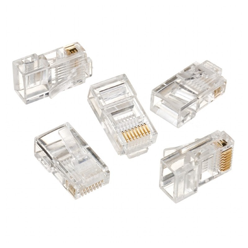 Modular plug 8P8C for solid LAN cable CAT5, UTP, 10 pcs. per bag | Modular 8P8C RJ45 plug, 30u gold plated, 3-fork internal cont