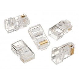 Modular plug 8P8C for solid LAN cable CAT5, UTP, 10 pcs. per bag | Modular 8P8C RJ45 plug, 30u gold plated, 3-fork internal cont