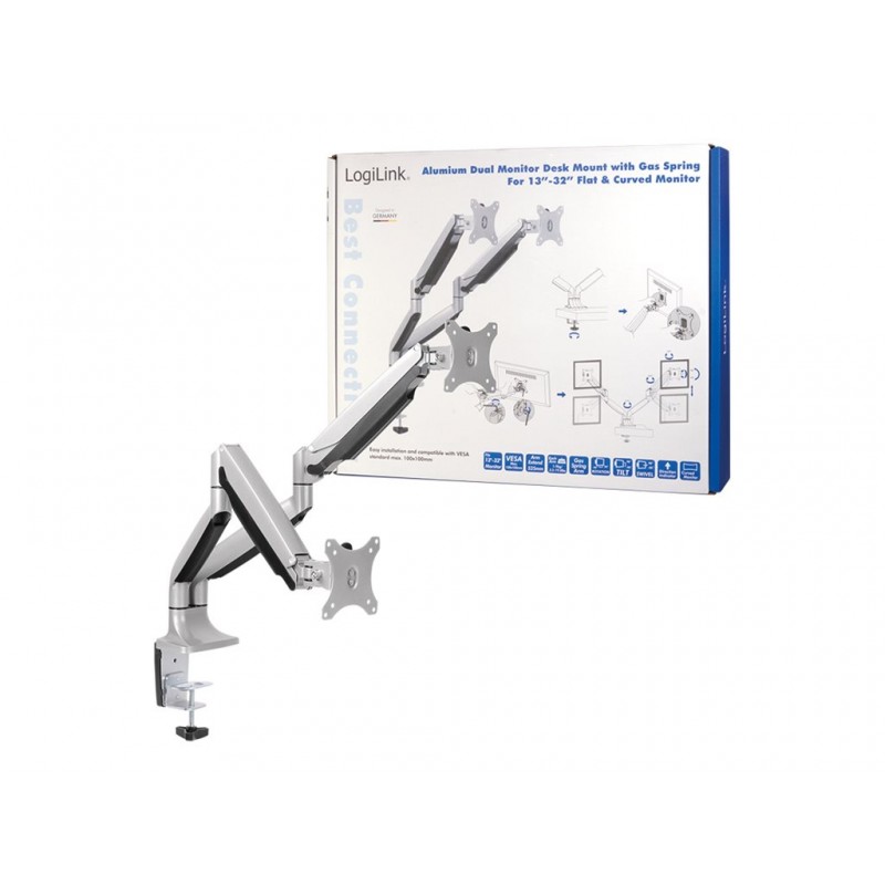 Logilink BP0043 Dual Monitor Desk mount, 13"-32",gas spring, aluminum | Logilink