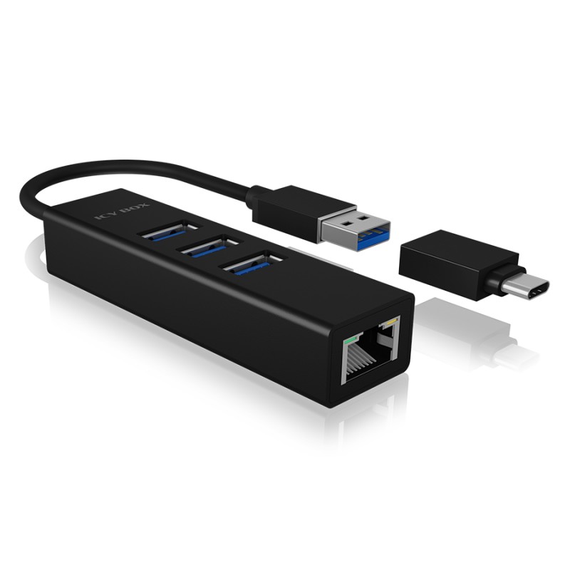 Raidsonic | 4 Port Hub with USB 3.0 Type-A, Type-C, Gigabit LAN | Icy Box IB-HUB1419-LAN